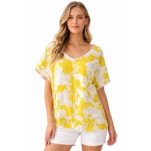 Marc New York Women's Linen Blend Blouse L Yellow Floral Dolman Sleeve Boho